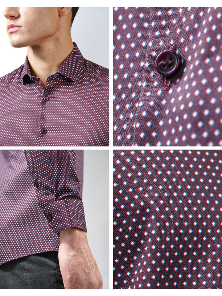 OLYMP  No. Six Shirt เสื้อเชิ้ตชาย สีแดงเข้ม ลายจุด ทรงเข้ารูป ยืดหยุ่นได้ดี รีดง่าย AUTU23 ICCSHOPPING