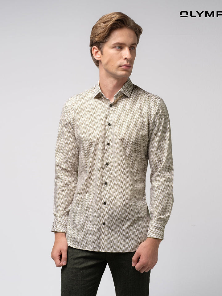 OLYMP  No. Six Shirt เสื้อเชิ้ตชาย ลายพิมพ์สีน้ำตาล ทรงเข้ารูป ยืดหยุ่นได้ดี รีดง่าย SPRI24 ICCSHOPPING