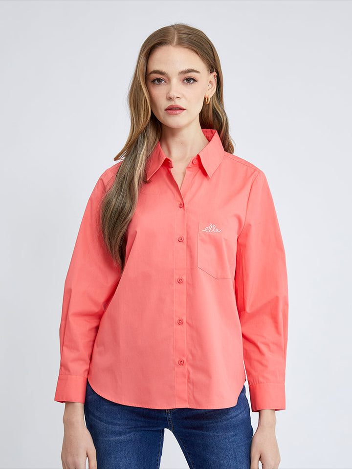 ELLE เสื้อเชิ๊ตสตรีผ้า COTTON แขนยาว ทรงBASIC กระเป๋าอกรีดเพชรโลโก้ ELLE รุ่น W3B223 (มีให้เลือก 2 สี) ICCSHOPPING