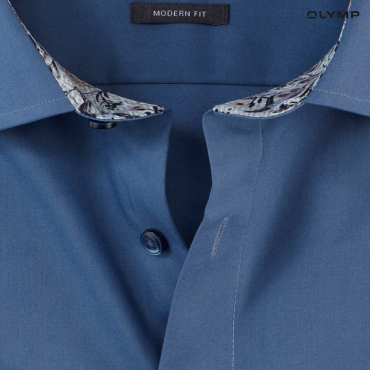 OLYMP LUXOR Shirt เสื้อเชิ้ตผู้ชายแขนสั้น ทรงหลวม ผ้าเรียบ สีน้ำเงิน 