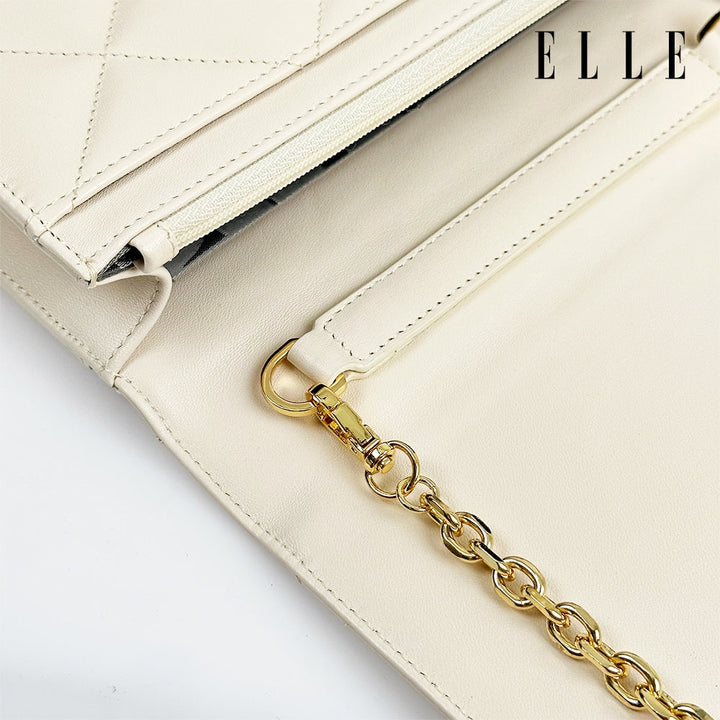 ELLE BAG | กระเป๋าสะพายข้างผู้หญิงทรง QUITING หนังวัวแท้ สายสะพายโซ่ ต่อด้วยหนังวัวแท้ สามารถถอดออกได้ | EWH161 ICCSHOPPING