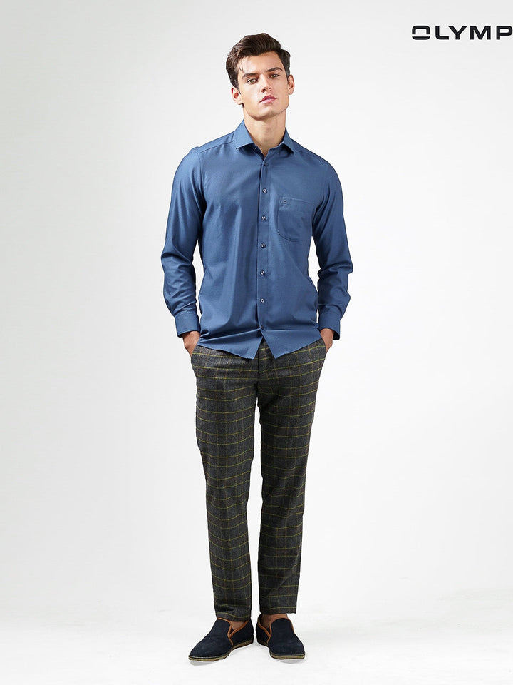OLYMP  LUXOR Shirt เสื้อเชิ้ตชาย สีน้ำเงินเข้ม ผ้าเท็กเจอร์ ทรงหลวม ใส่สบาย รีดง่าย AUTU23 ICCSHOPPING