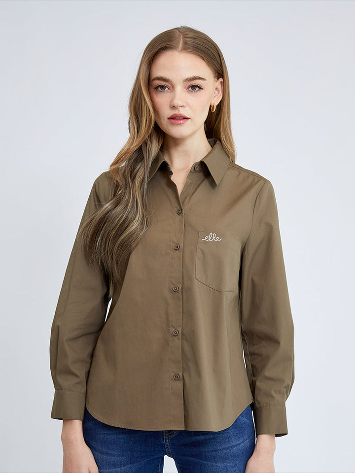 ELLE เสื้อเชิ๊ตสตรีผ้า COTTON แขนยาว ทรงBASIC กระเป๋าอกรีดเพชรโลโก้ ELLE รุ่น W3B223 (มีให้เลือก 2 สี) ICCSHOPPING
