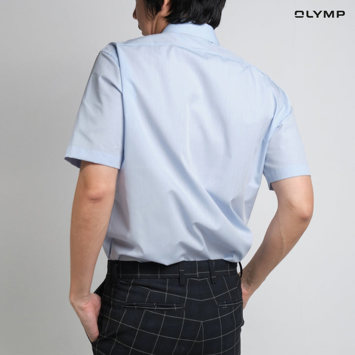OLYMP LUXOR Shirt เสื้อเชิ้ตผู้ชายแขนสั้น ทรงหลวม ผ้าเรียบ สีฟ้า 