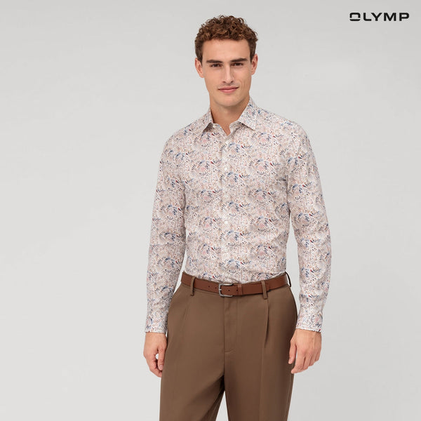 OLYMP  Level Five Shirt เสื้อเชิ้ตชาย ผ้าเรียบ สีเบจ  ทรงพอดีตัว ยืดหยุ่นได้ดี รีดง่าย SUMM24