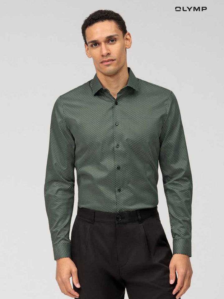 OLYMP  No. Six Shirt เสื้อเชิ้ตชาย สีเขียวมะกอก ลายจุด ทรงเข้ารูป ยืดหยุ่นได้ดี รีดง่าย AUTU23 ICCSHOPPING