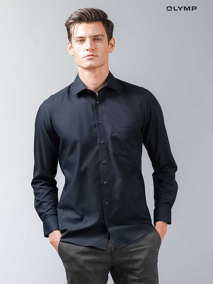 OLYMP  LUXOR Shirt เสื้อเชิ้ตชาย สีดำ ผ้าเท็กเจอร์ ทรงหลวม ใส่สบาย รีดง่าย AUTU23 OLYMP