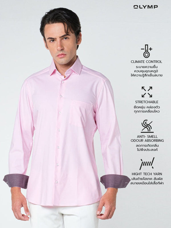 OLYMP  24/Seven LUXOR Shirt เสื้อเชิ้ตปรับอุณหภูมิ  สีชมพู ผ้าเท็กเจอร์แต่งปก ทรงหลวม ยืดหยุ่นได้ดี