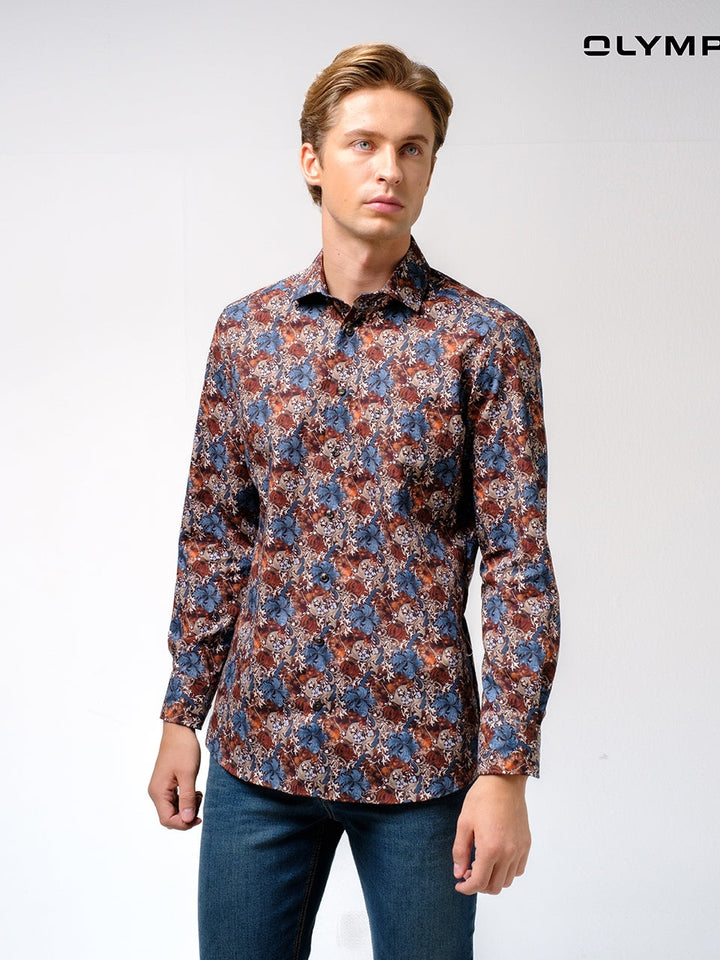 OLYMP  LUXOR Shirt เสื้อเชิ้ตชาย สีน้ำตาล ลายพิมพ์ดอกไม้สีสีน้ำเงิน ทรงหลวม ใส่สบาย รีดง่าย (SPRING24) SPRI24 OLYMP