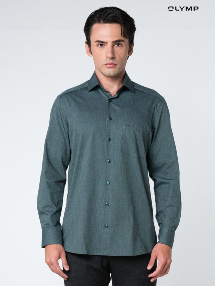 OLYMP  24/Seven LUXOR Shirt เสื้อเชิ้ตปรับอุณหภูมิ  สีเขียวเข้ม ผ้าเท็กเจอร์แต่งปก ทรงหลวม ยืดหยุ่นได้ดี ICCSHOPPING