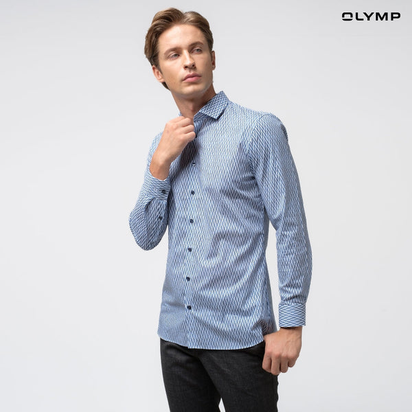 OLYMP No.Six Shirt เสื้อเชิ้ตชาย ลายพิมพ์ สีน้ำเงิน ทรงเข้ารูป ยืดหยุ่น รีดง่าย SPRI24 เสื้อทำงาน