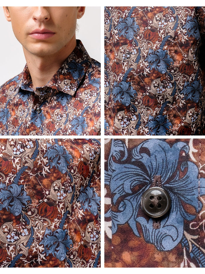OLYMP  LUXOR Shirt เสื้อเชิ้ตชาย สีน้ำตาล ลายพิมพ์ดอกไม้สีสีน้ำเงิน ทรงหลวม ใส่สบาย รีดง่าย (SPRING24) SPRI24 OLYMP