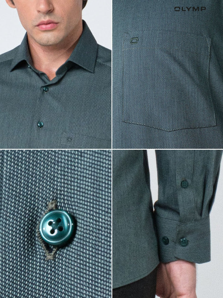 OLYMP  24/Seven LUXOR Shirt เสื้อเชิ้ตปรับอุณหภูมิ  สีเขียวเข้ม ผ้าเท็กเจอร์แต่งปก ทรงหลวม ยืดหยุ่นได้ดี ICCSHOPPING