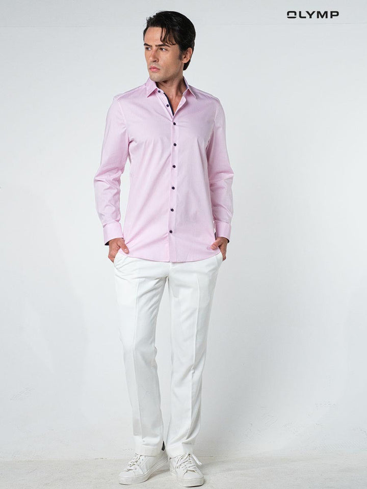OLYMP  Level Five Shirt เสื้อเชิ้ตชาย สีชมพู ผ้าเรียบ แต่งปก ทรงพอดีตัว ยืดหยุ่นได้ดี รีดง่าย SUMM24 OLYMP