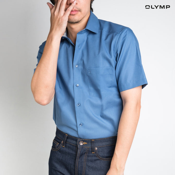 OLYMP LUXOR Shirt เสื้อเชิ้ตผู้ชายแขนสั้น ทรงหลวม ผ้าเรียบ สีน้ำเงิน 