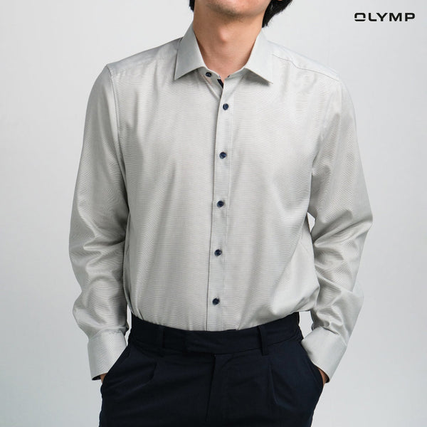 OLYMP  Level Five Shirt เสื้อเชิ้ตผู้ชายแขนยาว สีเขียวอ่อน ผ้าเท็กเจอร์แต่งแขน ทรงพอดีตัว ยืดหยุ่นได้ดี รีดง่าย  AUTU24 ICCSHOPPING