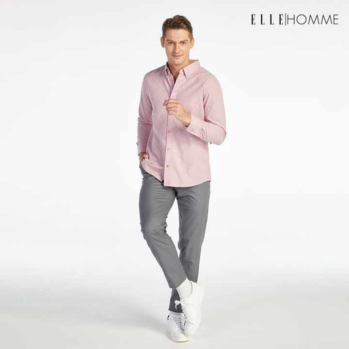 ELLE HOMME เสื้อเชิ้ตแขนยาว คอปก เนื้อผ้าผสม 100% คอตตอน สีแดงไวน์ (W8B675) ELLE HOMME