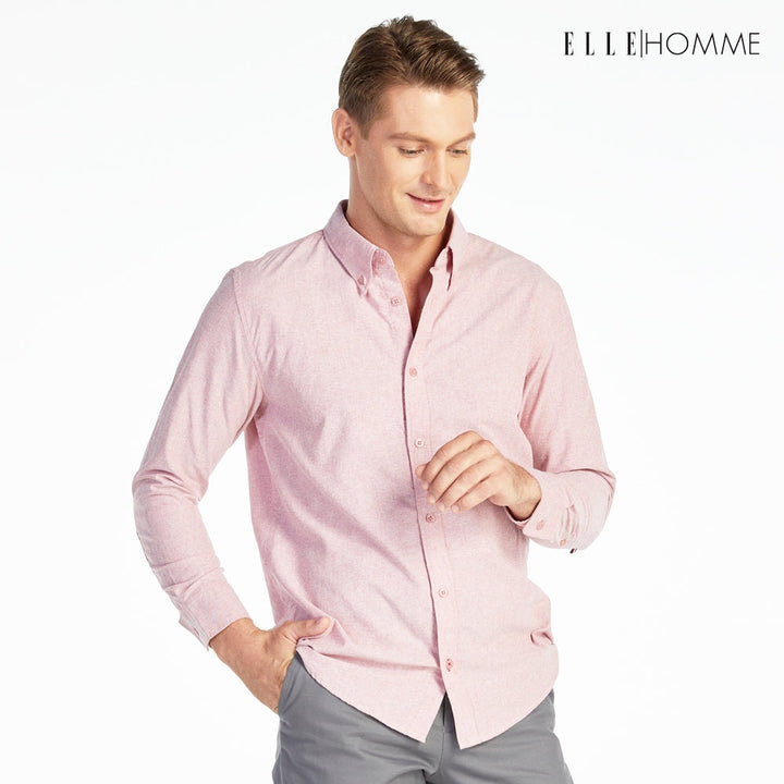 ELLE HOMME เสื้อเชิ้ตแขนยาว คอปก เนื้อผ้าผสม 100% คอตตอน สีแดงไวน์ (W8B675) ELLE HOMME