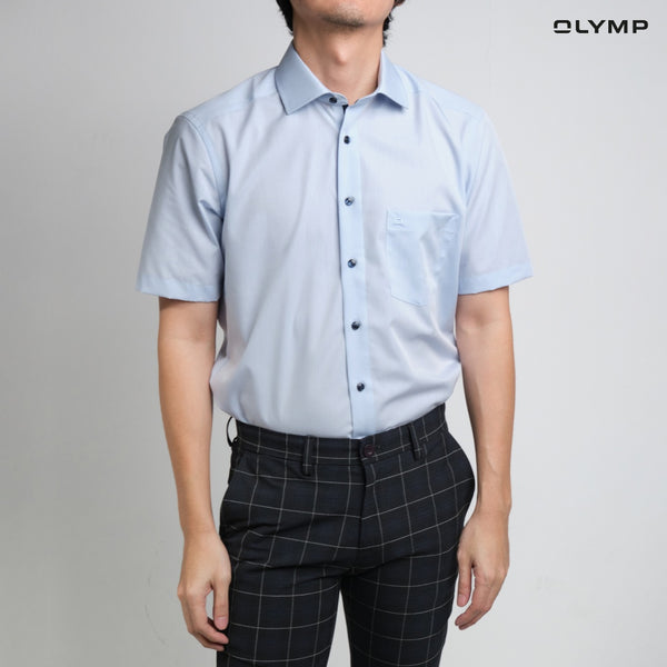 OLYMP LUXOR Shirt เสื้อเชิ้ตผู้ชายแขนสั้น ทรงหลวม ผ้าเรียบ สีฟ้า 