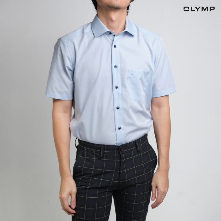 OLYMP LUXOR Shirt เสื้อเชิ้ตผู้ชายแขนสั้น ทรงหลวม ผ้าเรียบ สีฟ้า 