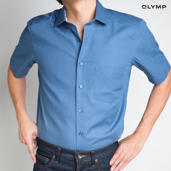 OLYMP LUXOR Shirt เสื้อเชิ้ตผู้ชายแขนสั้น ทรงหลวม ผ้าเรียบ สีน้ำเงิน 