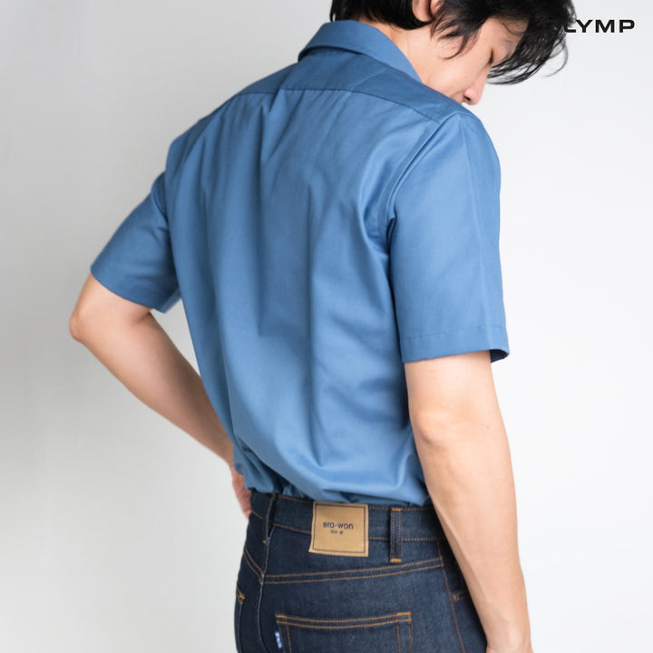 OLYMP LUXOR Shirt เสื้อเชิ้ตผู้ชายแขนสั้น ทรงหลวม ผ้าเรียบ สีน้ำเงิน 