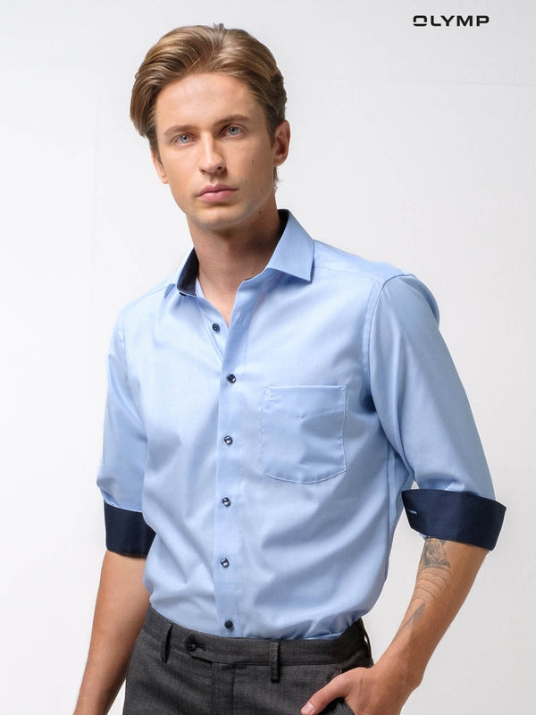 OLYMP LUXOR Shirt เสื้อเชิ้ตชาย  สีฟ้า ผ้าเท็กเจอร์ แต่งดีเทลน้ำเงิน ทรงหลวม ใส่สบาย รีดง่าย  NOSLUX