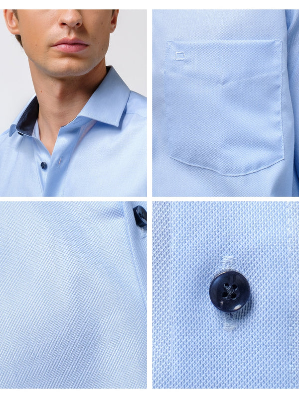 OLYMP LUXOR Shirt เสื้อเชิ้ตชาย  สีฟ้า ผ้าเท็กเจอร์ แต่งดีเทลน้ำเงิน ทรงหลวม ใส่สบาย รีดง่าย  NOSLUX ICCSHOPPING