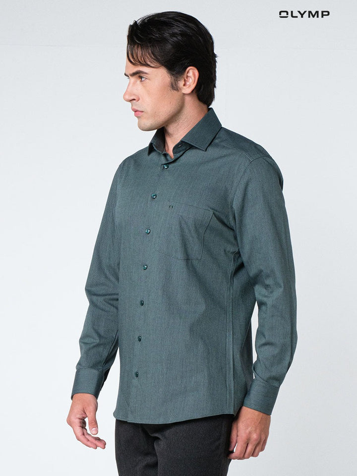 OLYMP  24/Seven LUXOR Shirt เสื้อเชิ้ตปรับอุณหภูมิ  สีเขียวเข้ม ผ้าเท็กเจอร์แต่งปก ทรงหลวม ยืดหยุ่นได้ดี ICCSHOPPING