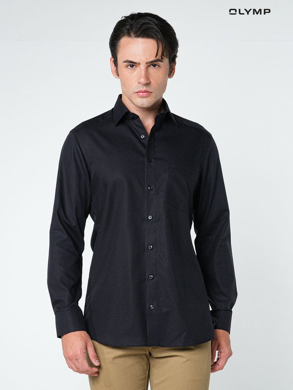 OLYMP LUXOR Shirt เสื้อเชิ้ตชาย  สีดำผ้าเรียบ ทรงหลวม ใส่สบาย รีดง่าย ผ้าเย็นสบาย เสื้อเชิ้ตดำ เสื้อดำ NOSLUX