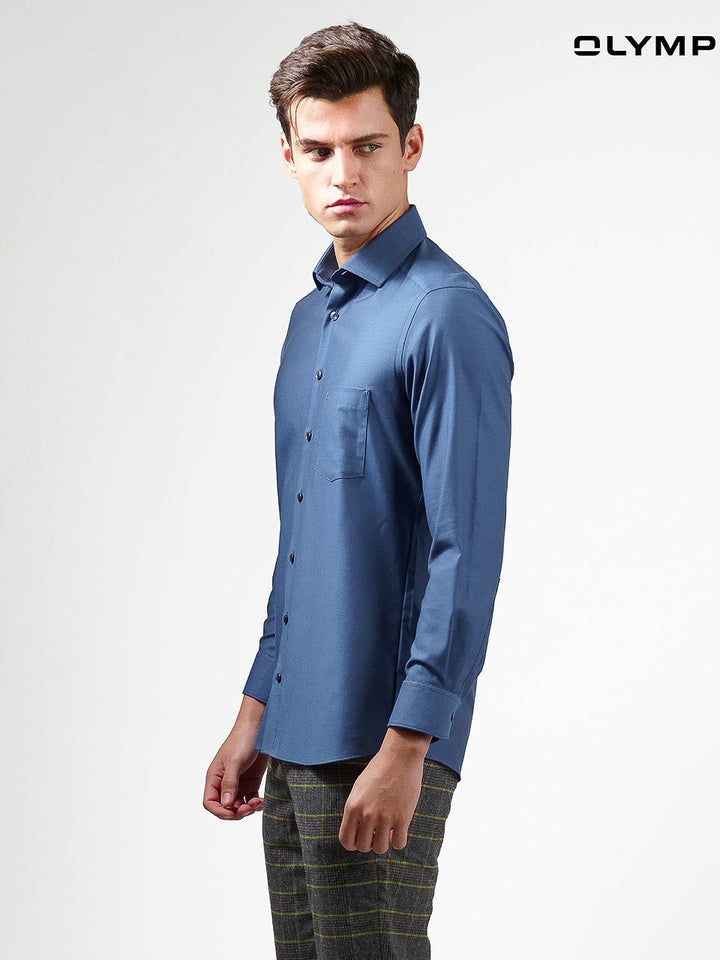 OLYMP  LUXOR Shirt เสื้อเชิ้ตชาย สีน้ำเงินเข้ม ผ้าเท็กเจอร์ ทรงหลวม ใส่สบาย รีดง่าย AUTU23 ICCSHOPPING