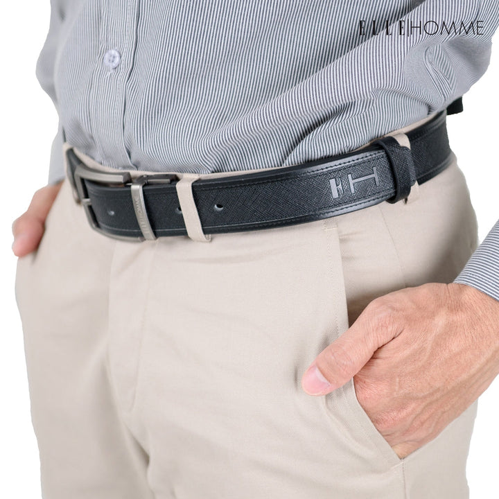 ELLE HOMME | เข็มขัดหนังวัวแท้ หัวเข็มขัดแบบ Reversible สลับใช้งานได้ 2 ด้าน สไตล์ Casual สีดำ | H84011 ICCSHOPPING