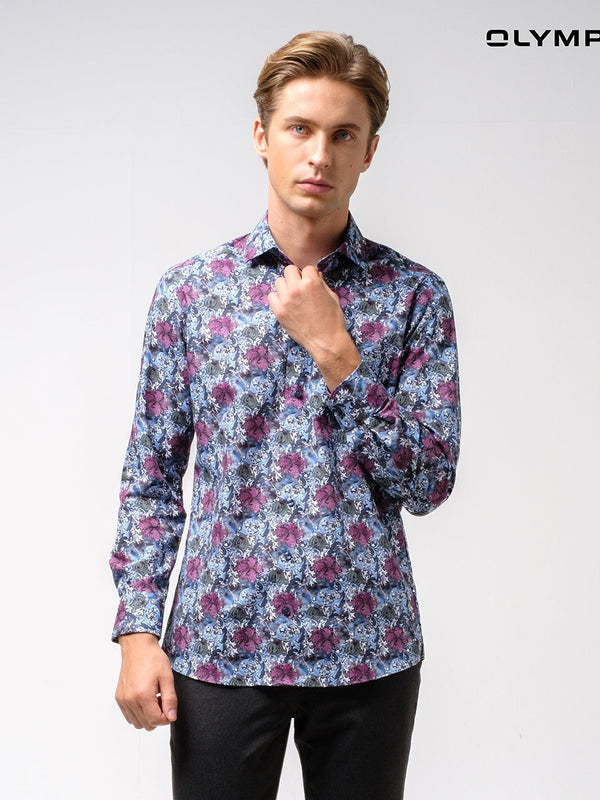 OLYMP  LUXOR Shirt เสื้อเชิ้ตชาย สีน้ำเงิน ลายพิมพ์ดอกไม้สีม่วง ทรงหลวม ใส่สบาย รีดง่าย (SPRING24) SPRI24