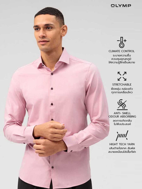 OLYMP  24/Seven Level Five Shirt เสื้อเชิ้ตปรับอุณหภูมิ  สีชมพู ผ้าเท็กเจอร์แต่งปก ทรงพอดีตัว ยืดหยุ่นได้ดี