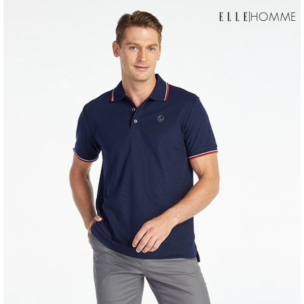 ELLE HOMME POLO | เสื้อยืดโปโลคอปก แขนสั้น สกรีนโลโก้ EH สวมใส่สบาย สีกรม | W8K903 ICCSHOPPING