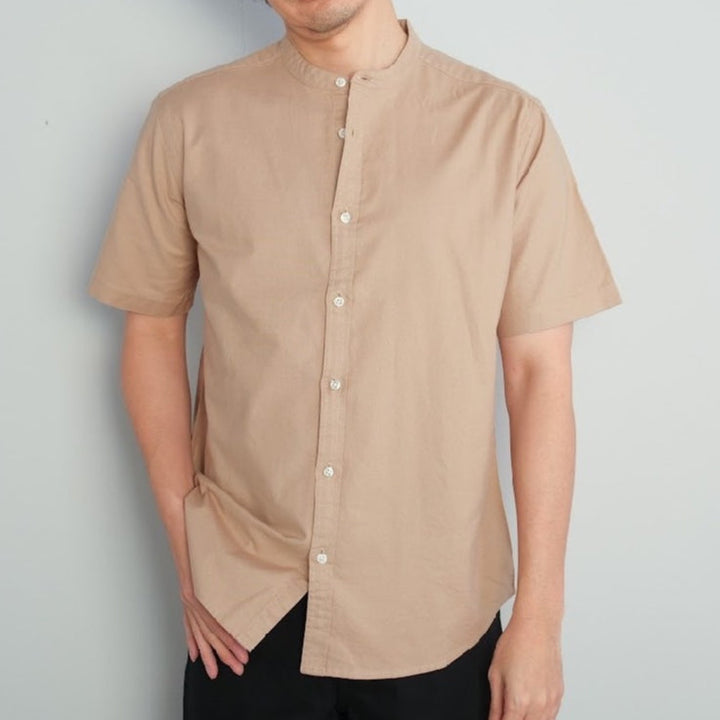 era-won เสื้อเชิ้ต คอจีน รุ่น OXFORD SHORT-SLEEVED MANDARIN COLLAR 100% COTTON ทรง Regular สี Beige ICCSHOPPING