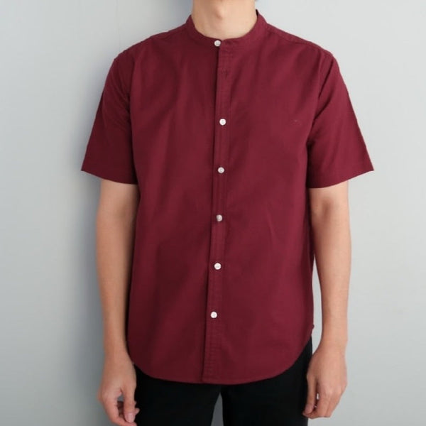 era-won เสื้อเชิ้ต  คอจีน รุ่น OXFORD SHORT-SLEEVED MANDARIN COLLAR 100% COTTON ทรง Regular สี Maroon ICCSHOPPING