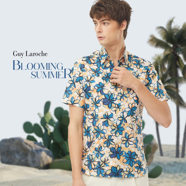 Guy Laroche เสื้อเชิ้ตแขนสั้น พิมพ์ลาย สีฟ้า เนื้อผ้า 100% Cotton ทรง REGULAR FIT รุ่น BAC5100S5BU ICCSHOPPING