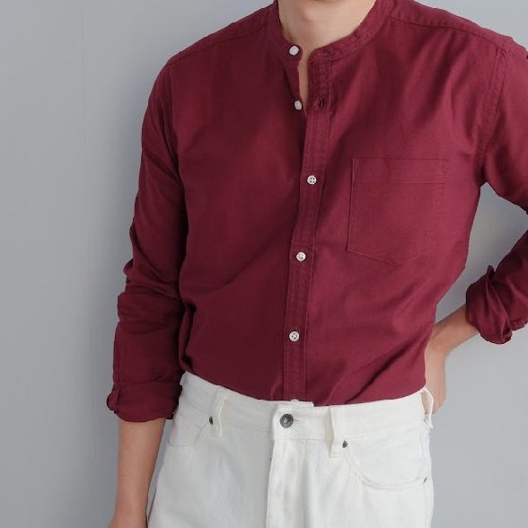 era-won เสื้อเชิ้ต ทรงปกติ Oxford Shirt แขนยาว คอจีน สี Maroon ICCSHOPPING