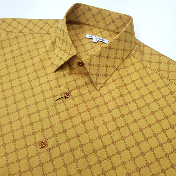 Guy Laroche เสื้อเชิ้ตลำลองแขนสั้นทรง SLIM FIT ผ้า 100% Cotton สีน้ำตาล 