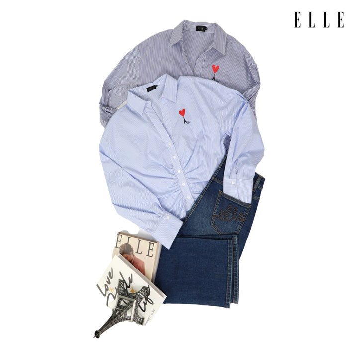 ELLE เสื้อเชิ๊ตผ้า COTTON/NYLON/SPANDEX ลายริ้ว แขนยาว ทรง CROP รุ่น W3B338 ICCSHOPPING