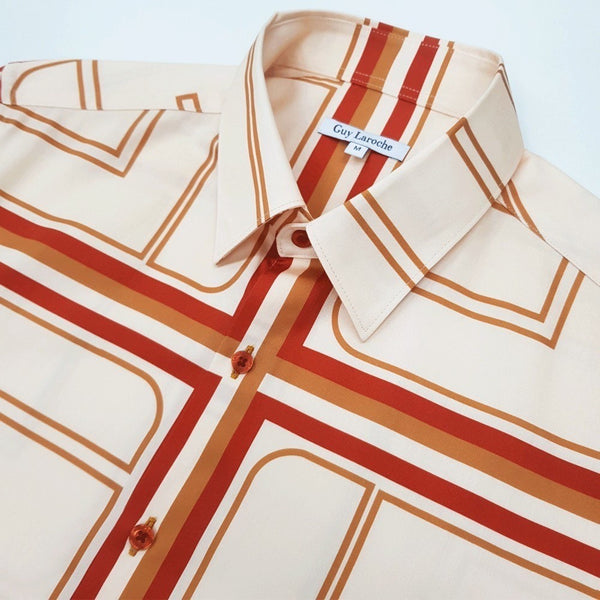 Guy Laroche เสื้อเชิ้ตลำลองแขนยาวทรง SLIM FIT ผ้าพิมพ์ลาย 100% Cotton สีเบจ 