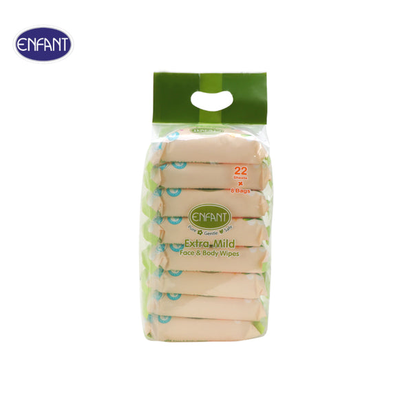 ENFANT (อองฟองต์) Extra Mild Face & Body Wipes ผ้าเช็ดทำความสะอาดแบบเปียก สูตรน้ำแร่บริสุทธิ์ 1แพ็ค/8ห่อ 22แผ่น/ห่อ ICCSHOPPING