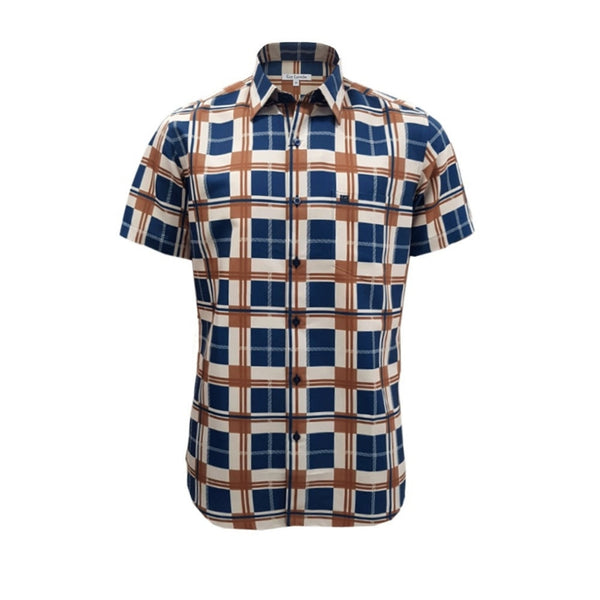 Guy Laroche เสื้อเชิ้ตแขนสั้นพิมพ์ลาย ผ้า 100% Polyester ทรง SLIM FIT รุ่น BAC7204W3 - สีน้ำตาล 