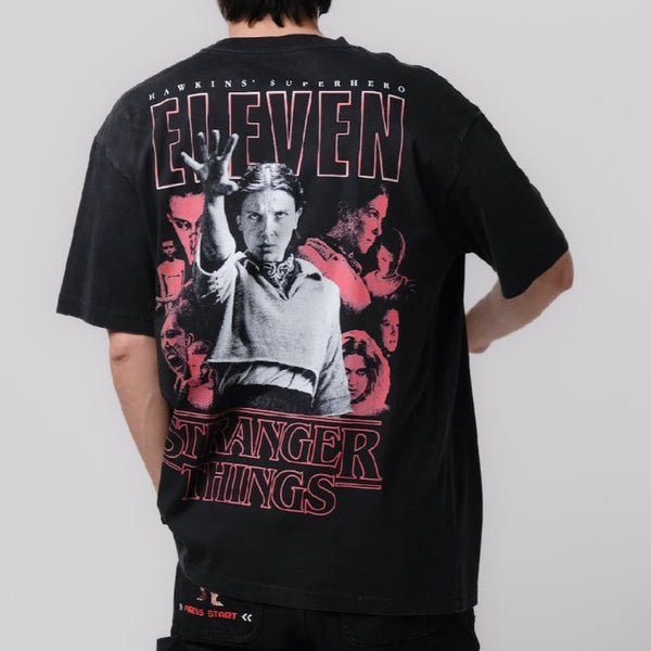 era-won เสื้อยืดเอราวอนแขนสั้น T-Shirt Oversize สกรีน era-won x stranger things สี ดำฟอก สกรีน ลาย ELEVEN
