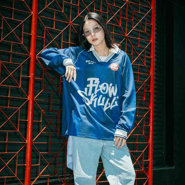 era-won แขนสั้น สำหรับคุณผู้ชาย T-SHIRT JERSEY FOOTBALL ลาย FLOWSKULL สีน้ำเงิน