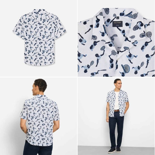 OLYMP CASUAL SHIRT เสื้อเชิ้ตผู้ชายแขนสั้น ทรง Casual regular fit สีขาว พิมพ์เทนนิส  AUTU26 ICCSHOPPING