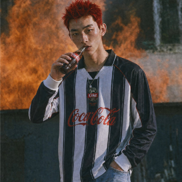 Coca Cola Jersey Oversized era-won แขนยาว สำหรับคุณผู้ชาย ลาย Coca Cola สีดำ/ขาว