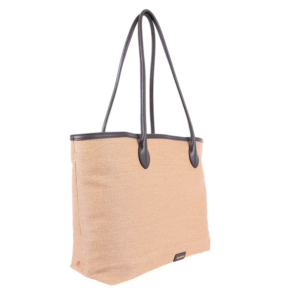 Guy Laroche กระเป๋าทำจากเส้นใยธรรมชาติสีครีม  ตกแต่งด้วยหนัง Soft  สีน้ำตาลเข้ม รุ่น AGH0982TS6BEL