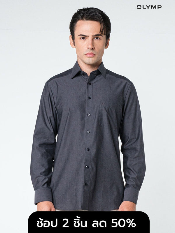 OLYMP LUXOR Shirt เสื้อเชิ้ตชาย สีเทาเข้ม ทรงหลวม ใส่สบาย รีดง่าย NOSLUX